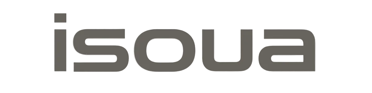 Gray 'isoua' logo on a white background